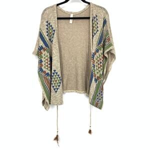 Milliore Wrap Sweater Womens One Size Tribal Print Beige Multicolor Tassels